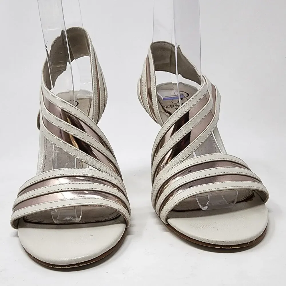 Adrianna Papell Edison Heel 6.5M Strappy Cream Leather Rose Gold Metallic Stripe